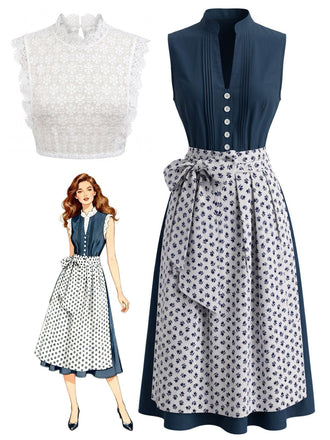 3PCS Blue 1950s Sleeveless Dress & Floral Apron & Lace Top, vintage dress, retro fashion, rockabilly, pin-up fashion - perfect for women who love vintage and retro fashion