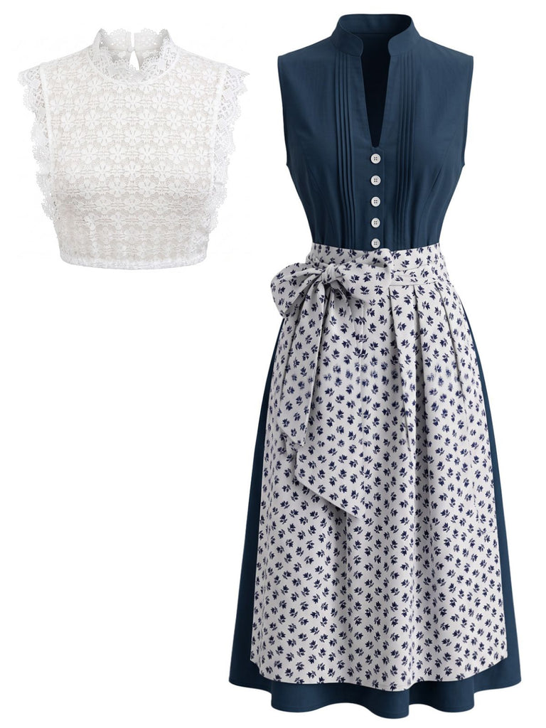 3PCS Blue 1950s Sleeveless Dress & Floral Apron & Lace Top, vintage dress, retro fashion, rockabilly, pin-up fashion - perfect for women who love vintage and retro fashion