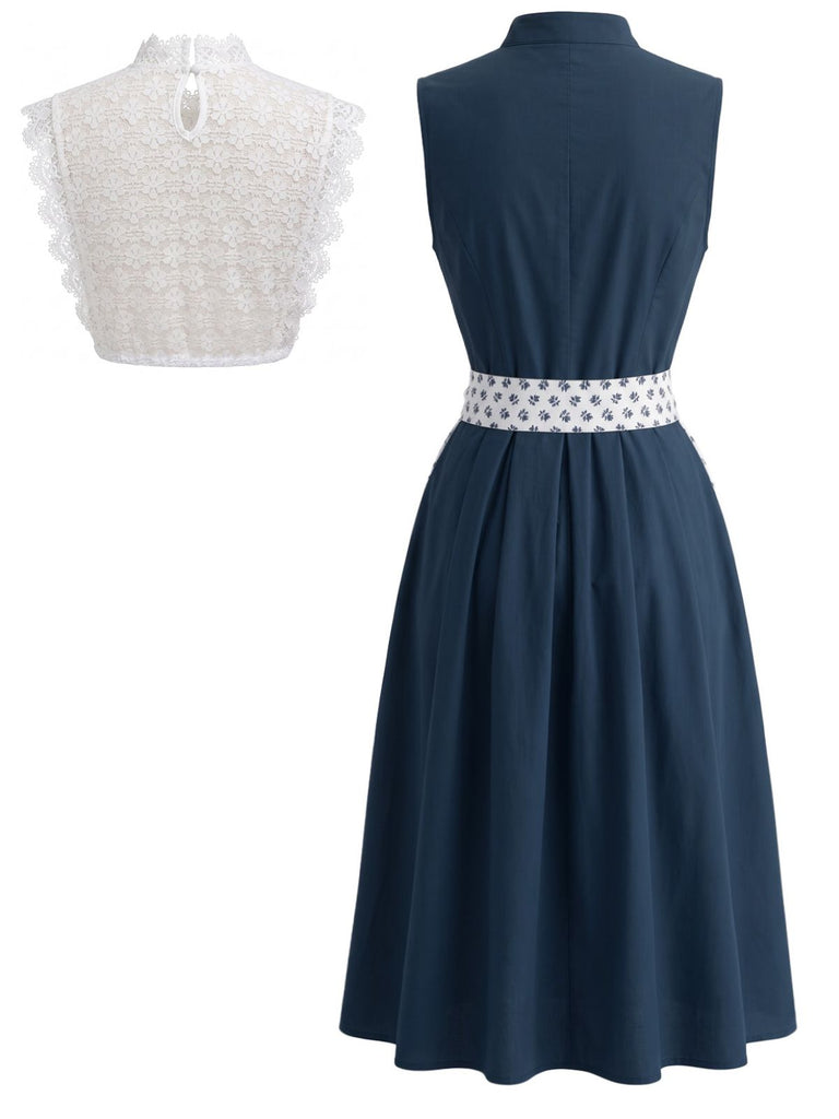 3PCS Blue 1950s Sleeveless Dress & Floral Apron & Lace Top, vintage dress, retro fashion, rockabilly, pin-up fashion - perfect for women who love vintage and retro fashion
