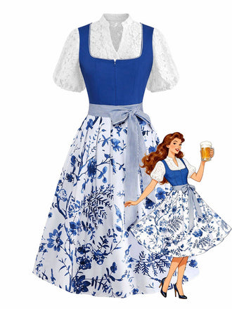 3PCS Blue 1950s Square Neck Dress & Floral Apron & Lace Top, vintage dress, retro fashion, rockabilly, pin-up fashion - perfect for women who love vintage and retro fashion