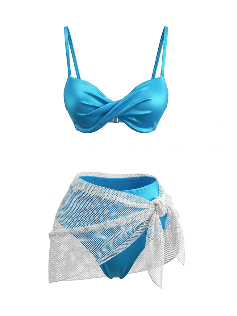 3PCS Blue 1980s Solid Shiny Satin High Waist Bikini & Mesh Cover-Up - vintage swimsuit, pin-up swimwear for vintage lovers