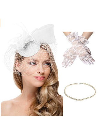 3PCS Feather Hat And Necklace And Lace Gloves - vintage fashion, retro style