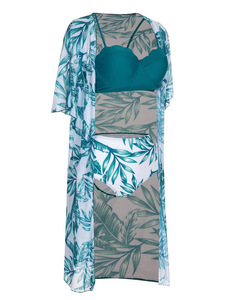 3PCS Green 1950s Ceramics Plant Prints Swimsuit & Cover-Up, vintage swimsuit, pin-up swimwear - perfect for women who love vintage and retro fashion
