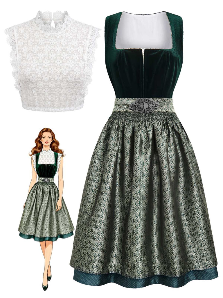 3PCS Green 1950s Square Neck Velvet Jacquard Dress & Apron & Lace Top, vintage dress, retro fashion, rockabilly, pin-up fashion - perfect for women who love vintage and retro fashion
