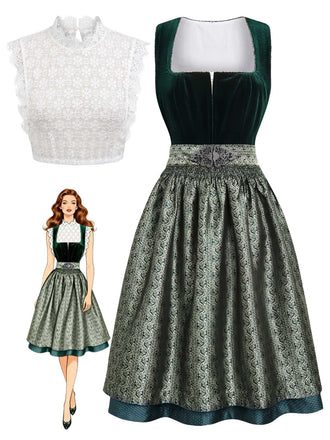 3PCS Green 1950s Square Neck Velvet Jacquard Dress & Apron & Lace Top, vintage dress, retro fashion, rockabilly, pin-up fashion - perfect for women who love vintage and retro fashion