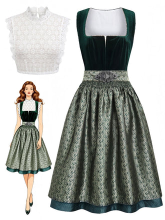 3PCS Green 1950s Square Neck Velvet Jacquard Dress & Apron & Lace Top, vintage dress, retro fashion, rockabilly, pin-up fashion - perfect for women who love vintage and retro fashion