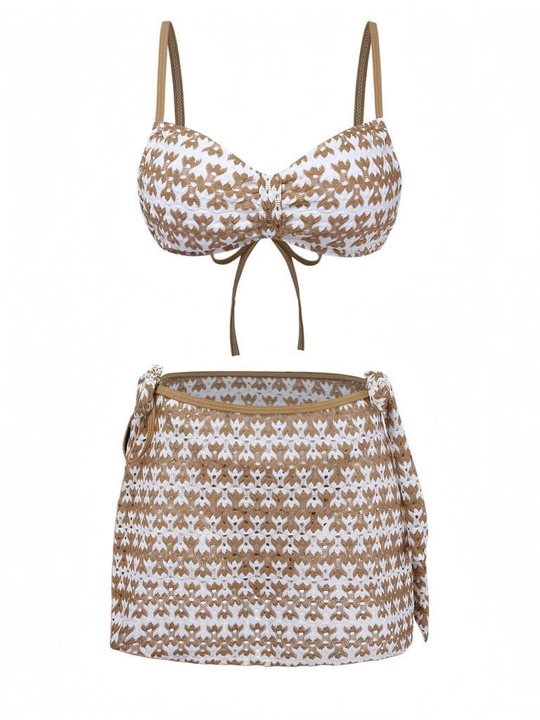 3PCS Khaki 1950s Crochet Hollow Bikini Set & Cover Up: beautiful vintage swimwear, retro swimsuit, pin-up style with timeless appeal