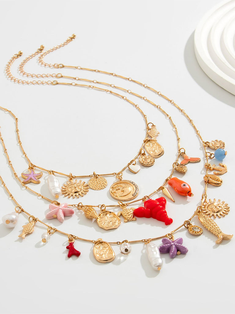 3PCS Layered Beach Charm Necklace Set - vintage fashion, retro style, elegant red