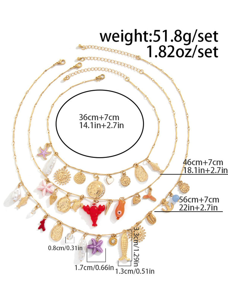 3PCS Layered Beach Charm Necklace Set - vintage fashion, retro style, elegant red
