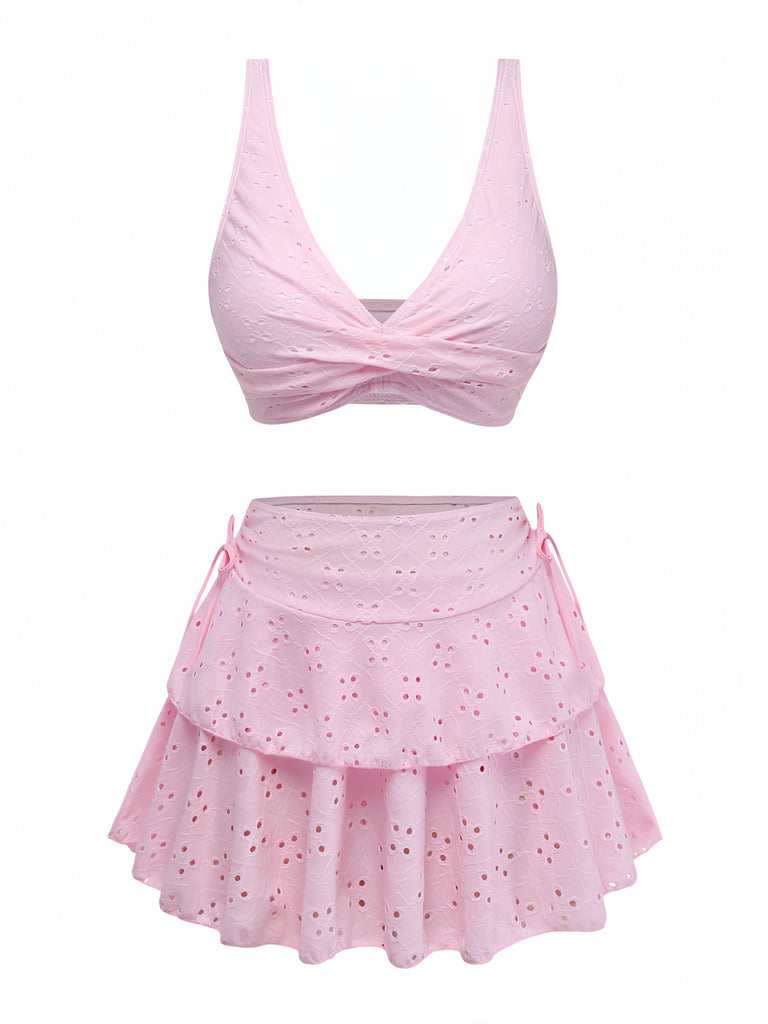 3PCS Pink 1940s Eyelet Bikini Set & Ruffled Skirt - vintage skirt, retro style