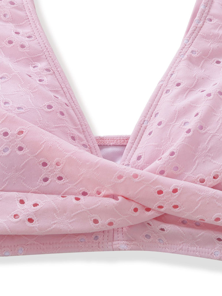 3PCS Pink 1940s Eyelet Bikini Set & Ruffled Skirt - vintage skirt, retro style