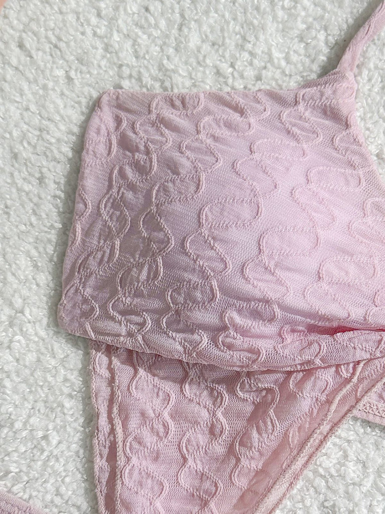 3PCS Pink 1950s Halter Pleated Twist Bikini Set & Cover-Up, vintage swimsuit, pin-up swimwear - perfect for women who love vintage and retro fashion