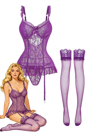 3PCS Purple 1980s Lace Lingerie Set with Stockings - vintage lingerie, retro nightgown, elegant sleepwear for vintage lovers