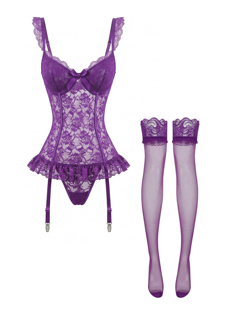 3PCS Purple 1980s Lace Lingerie Set with Stockings, vintage stockings, retro accessory - perfect for women who love vintage and retro fashion