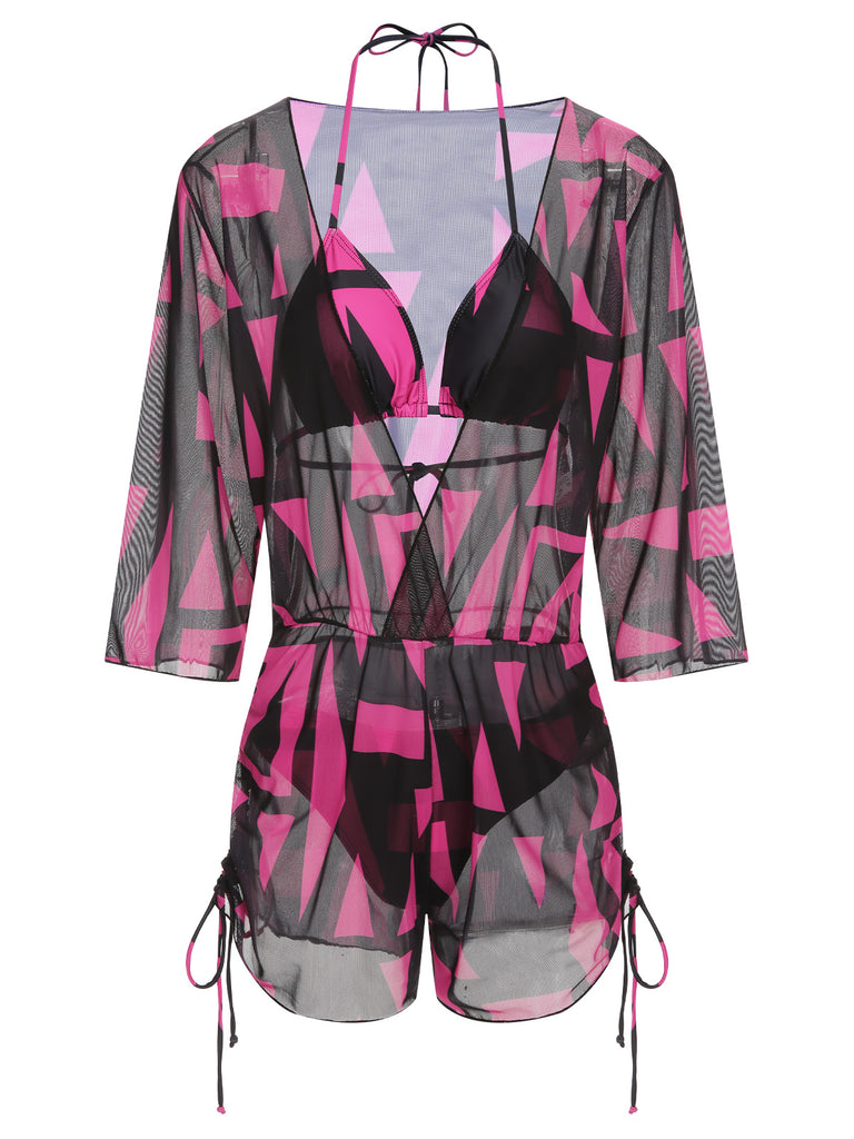 She's wearing 3PCS Rose Red 1960s Geometric Bikini Set & Cover-Up and the whole beach remembers the 1960s