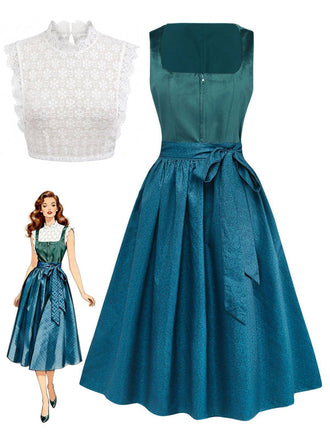 3PCS Teal 1950s Square Neck Velvet Dress & Floral Apron & Lace Top, vintage dress, retro fashion, rockabilly, pin-up fashion - perfect for women who love vintage and retro fashion