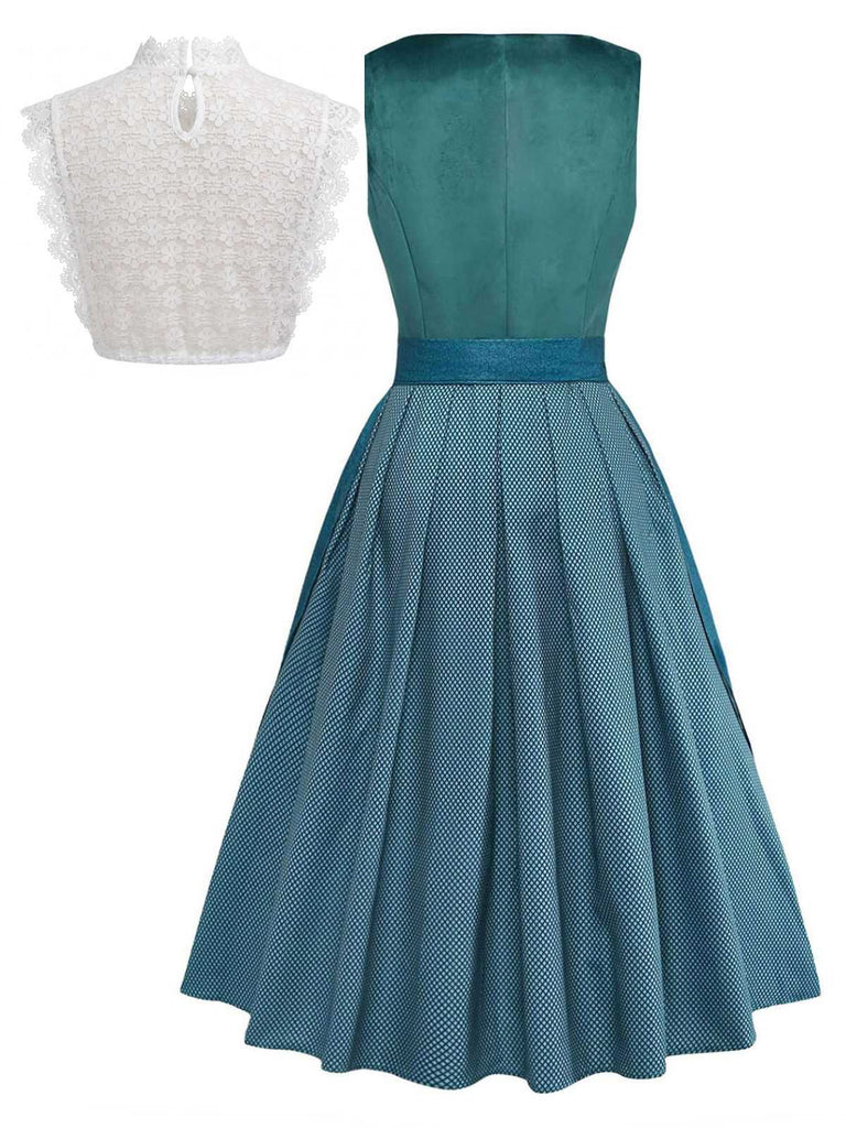 3PCS Teal 1950s Square Neck Velvet Dress & Floral Apron & Lace Top, vintage dress, retro fashion, rockabilly, pin-up fashion - perfect for women who love vintage and retro fashion