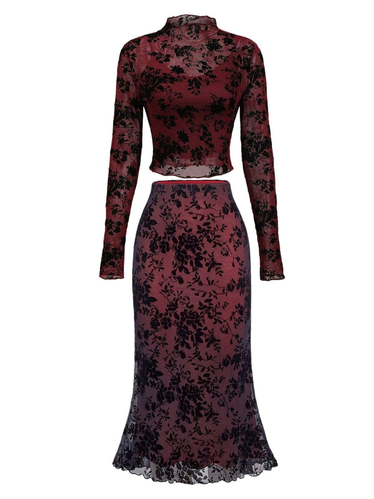 3PCS Wine Red 1930s Flocked Floral Sheer Set - vintage fashion, retro style, elegant red