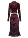 3PCS Wine Red 1930s Flocked Floral Sheer Set - vintage fashion, retro style, elegant red
