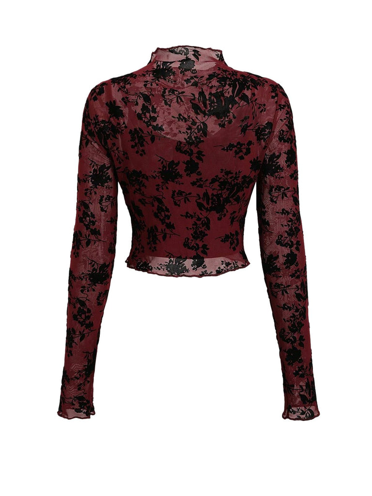 3PCS Wine Red 1930s Flocked Floral Sheer Set - vintage fashion, retro style, elegant red