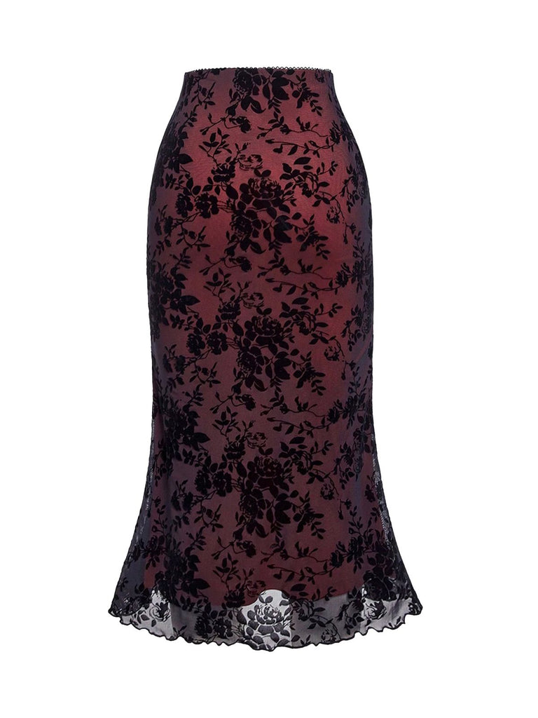 3PCS Wine Red 1930s Flocked Floral Sheer Set - vintage fashion, retro style, elegant red