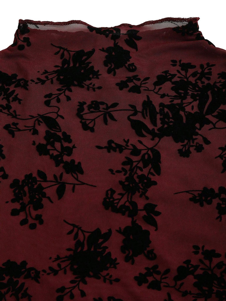 3PCS Wine Red 1930s Flocked Floral Sheer Set - vintage fashion, retro style, elegant red