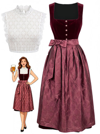 3PCS Wine Red 1950s Square Neck Velvet Dress & Apron & Lace Top, vintage dress, retro fashion, rockabilly, pin-up fashion - perfect for women who love vintage and retro fashion