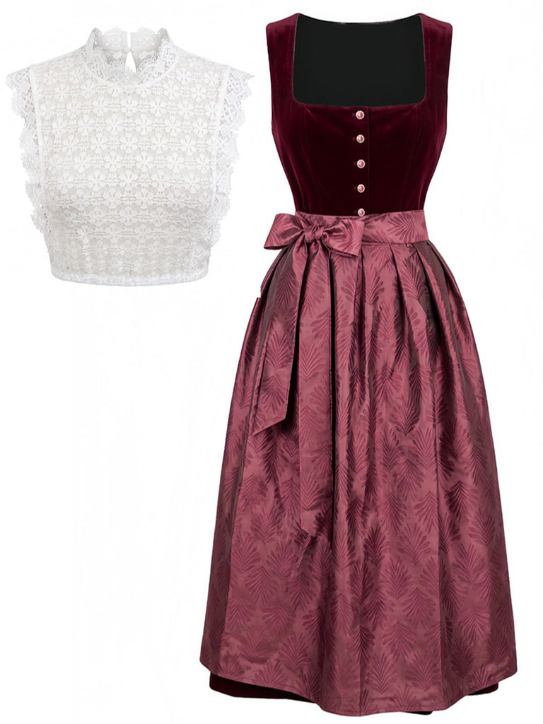 3PCS Wine Red 1950s Square Neck Velvet Dress & Apron & Lace Top, vintage dress, retro fashion, rockabilly, pin-up fashion - perfect for women who love vintage and retro fashion
