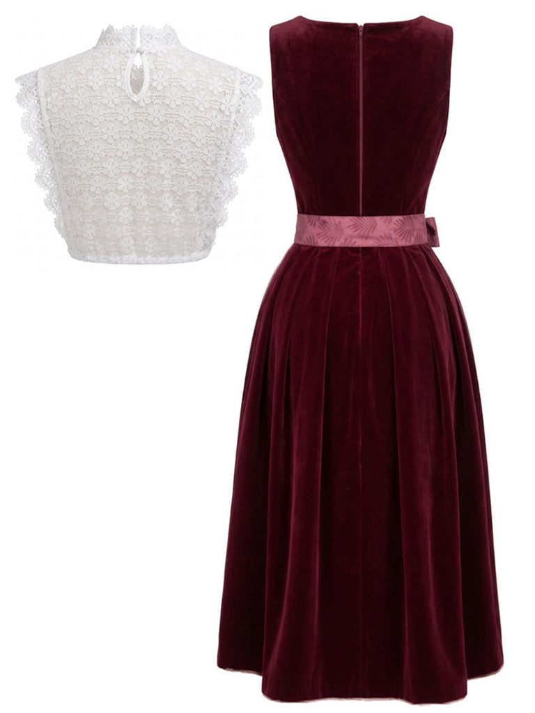 3PCS Wine Red 1950s Square Neck Velvet Dress & Apron & Lace Top, vintage dress, retro fashion, rockabilly, pin-up fashion - perfect for women who love vintage and retro fashion