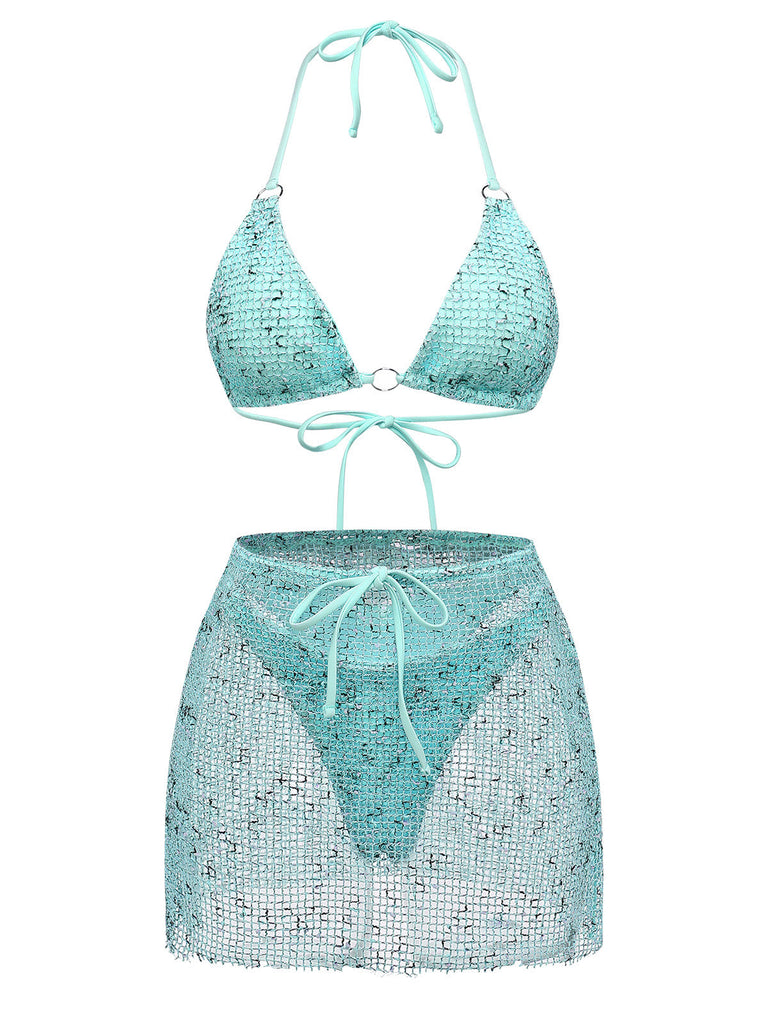 3PCS Y2K Crochet Sequin Halter Tie Triangle Bikini Set & Cover-Up - vintage swimsuit, pin-up swimwear for vintage lovers