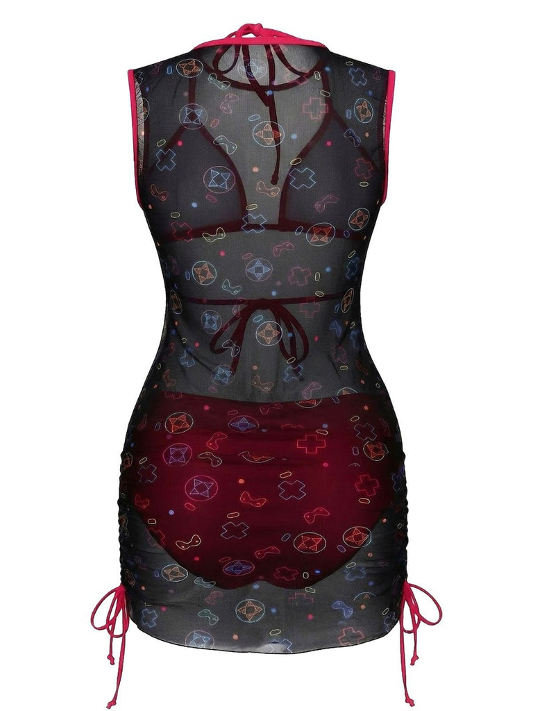3PCS Y2K Solid Bikini Set & Neon Gaming Print Mesh Cover-Up - vintage swimsuit, pin-up swimwear for vintage lovers