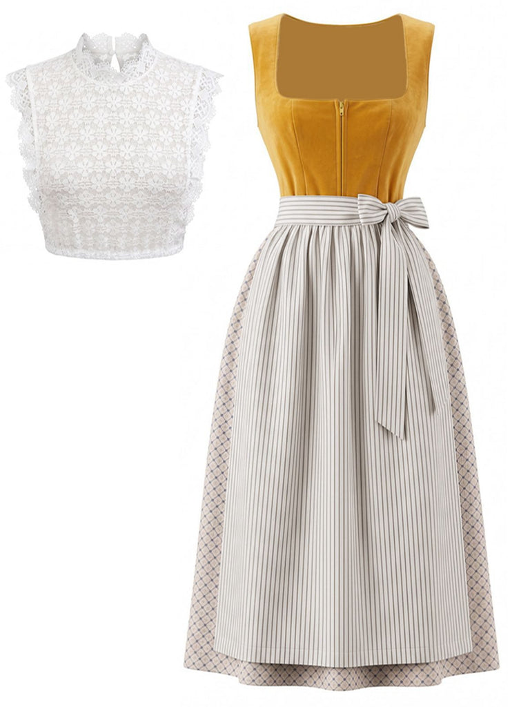3PCS Yellow 1950s Square Neck Dress & Striped Apron  & Lace Top, vintage dress, retro fashion, rockabilly, pin-up fashion - perfect for women who love vintage and retro fashion