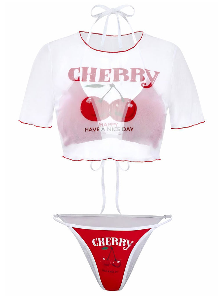 White bikini set with red accents and 'Cherry' branding on a white background