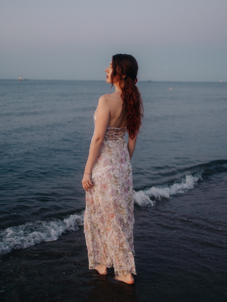 Multicolor 1930s Floral Halter Maxi Dress