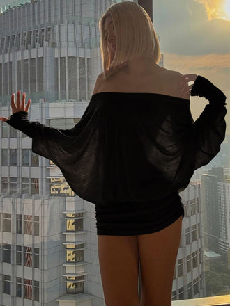 2000s Off Shoulder Ruched Batwing Mini Dress