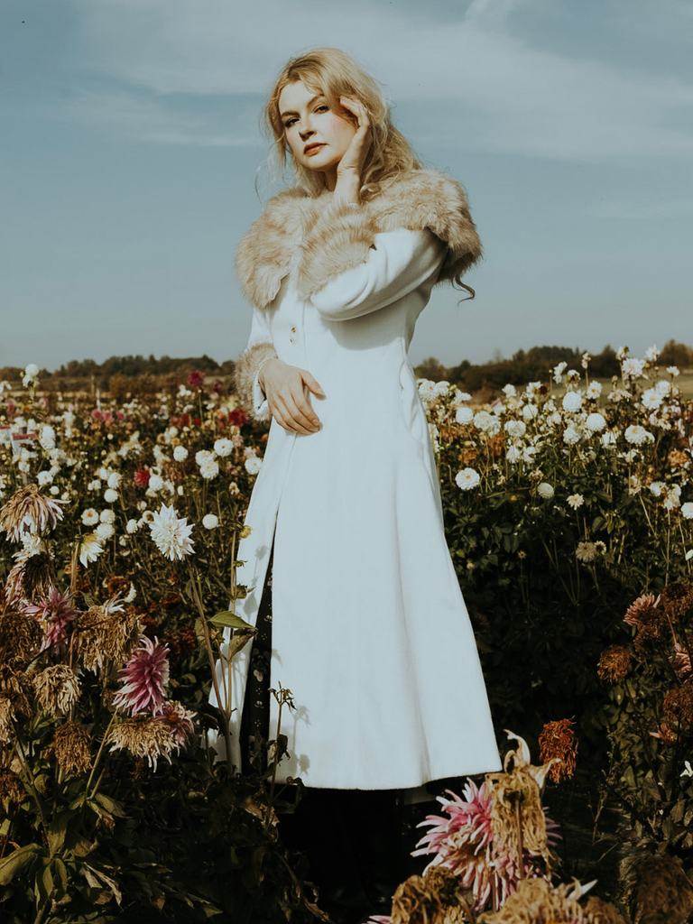 Cream 1950s Multi-Layer Fur Collar Patchwork Coat
