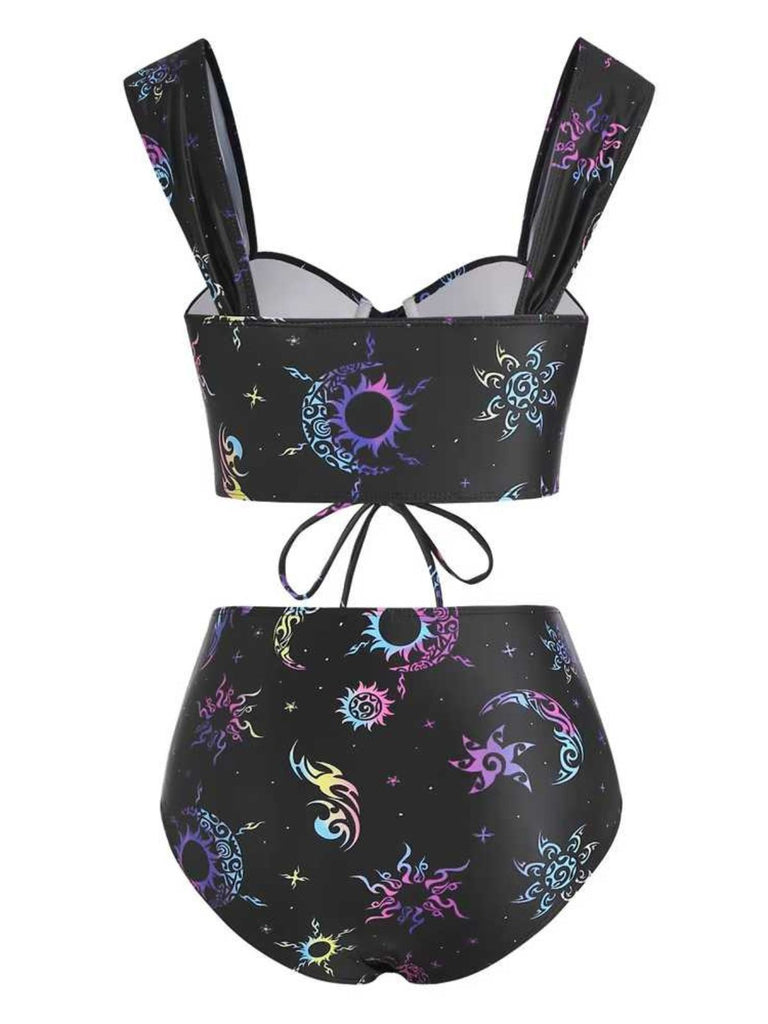 Black 1980s Strap Neon Nebula Print Gothic Bikini