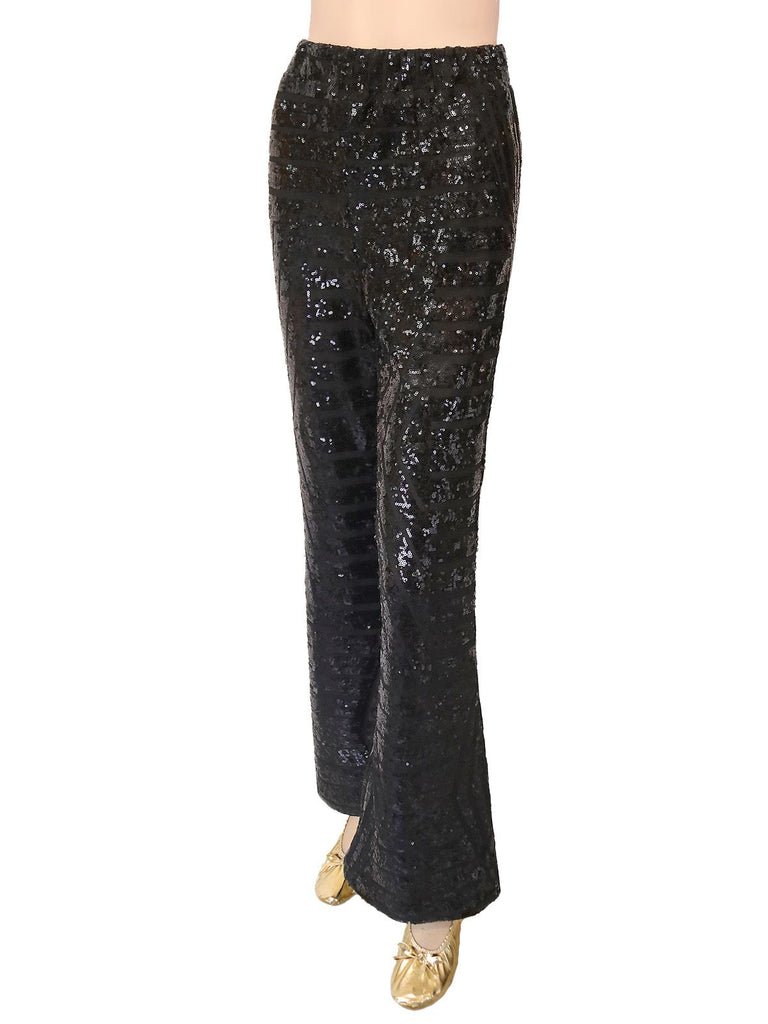 Black 1920s Solid Sequin Flared Pants