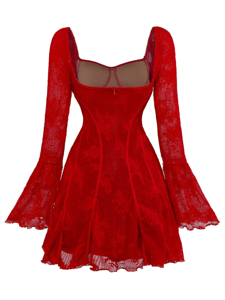 Red 1960s Floral Bow Bell-Sleeve Knit Dress