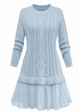 1940s Solid Cable Knit Pleated Hem Sweater Dress