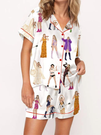 2PCS 1960s Singer Cartoon Print Button Pajama Set