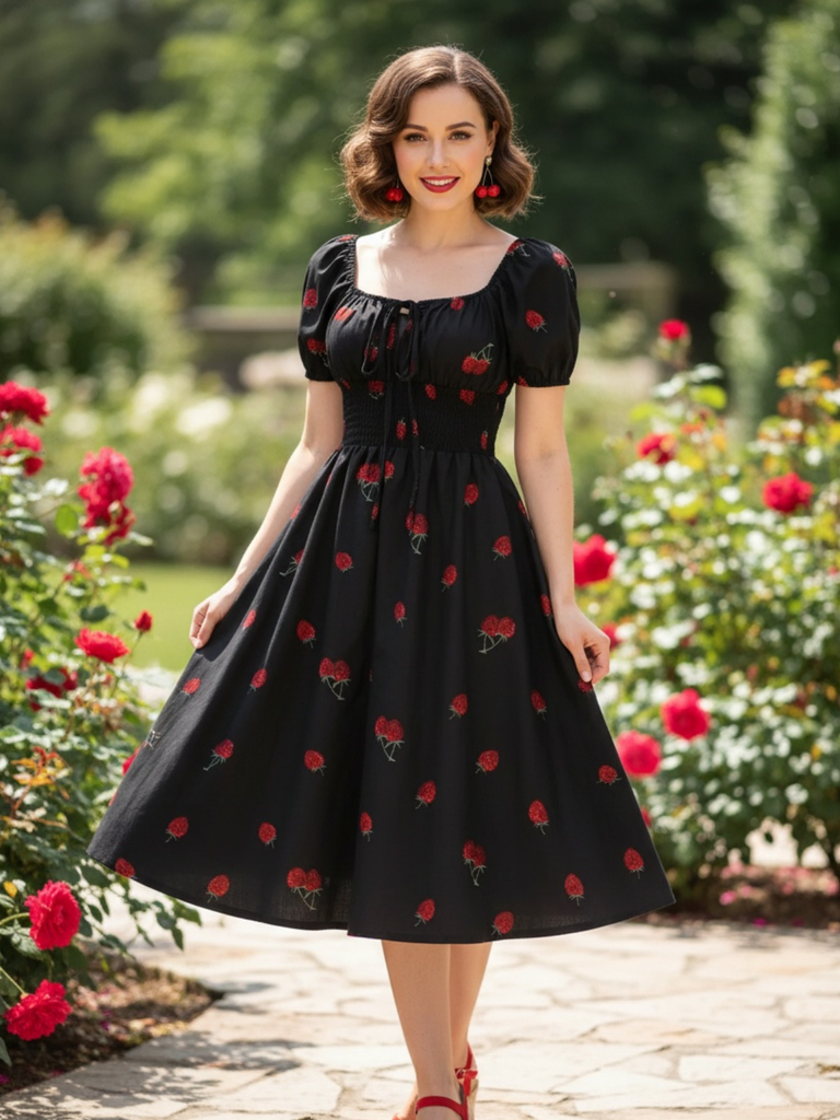 Black 1950s Raspberry V-Neck Halter Midi Dress