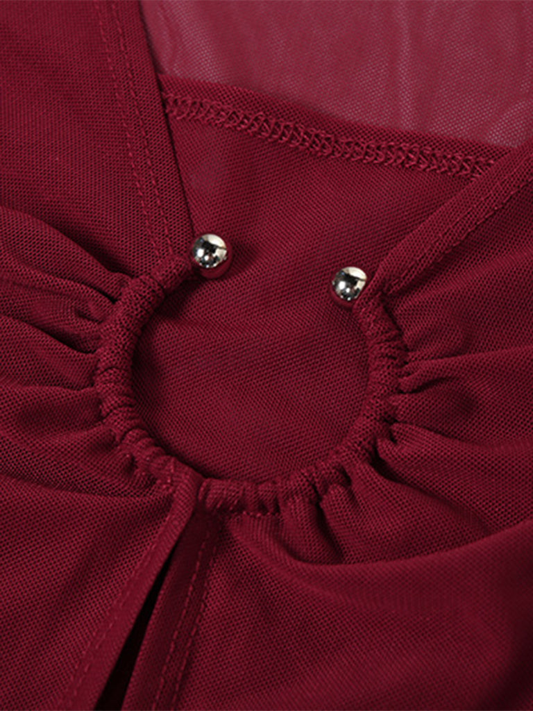 Wine Red 1970s Sheer Mesh Ruffle Maxi Dress