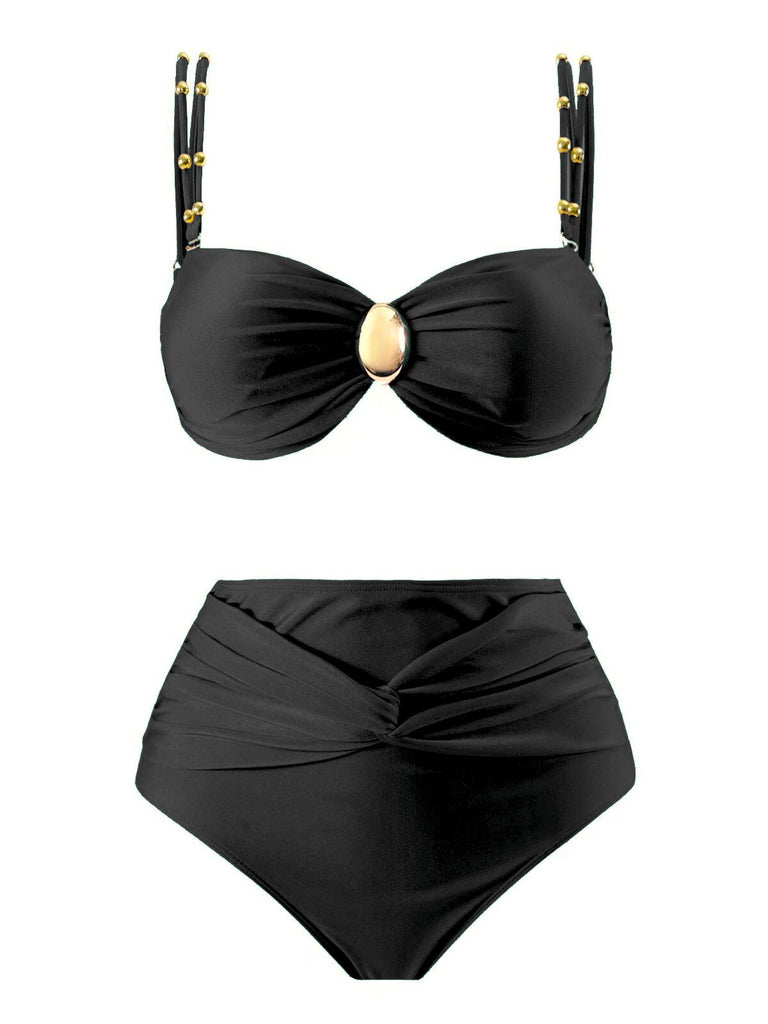 1950s Spaghetti Strap Jewel High-Waist Solid Bikini Set
