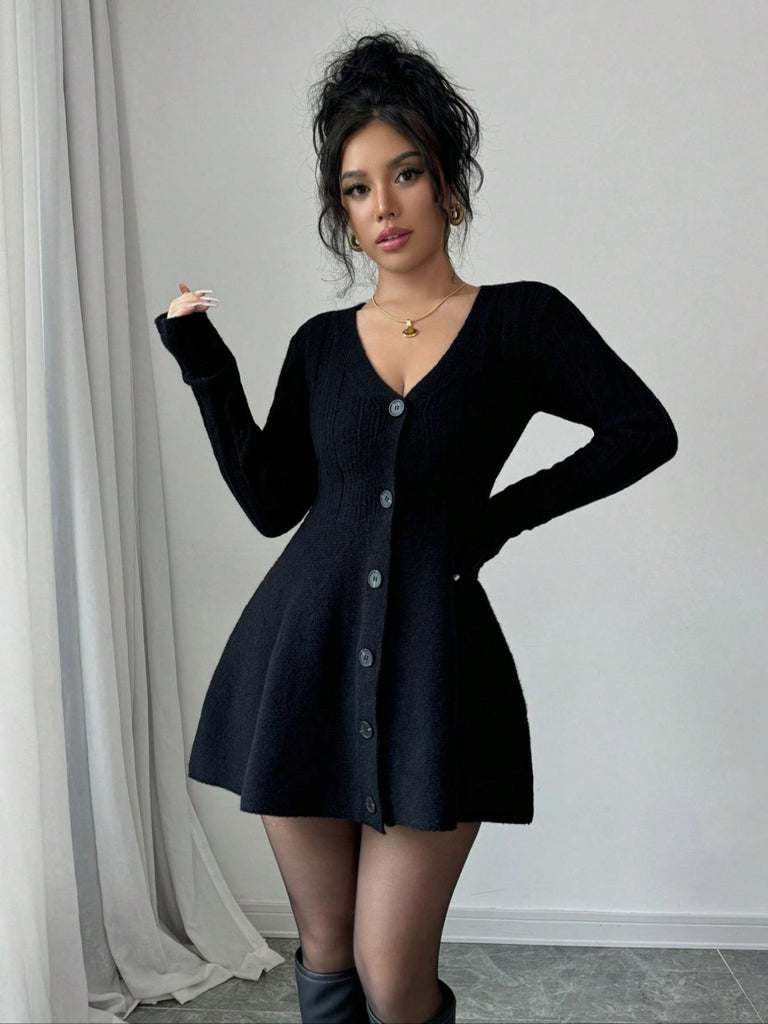 Black 1980s V-Neck Knit Sweater Dress