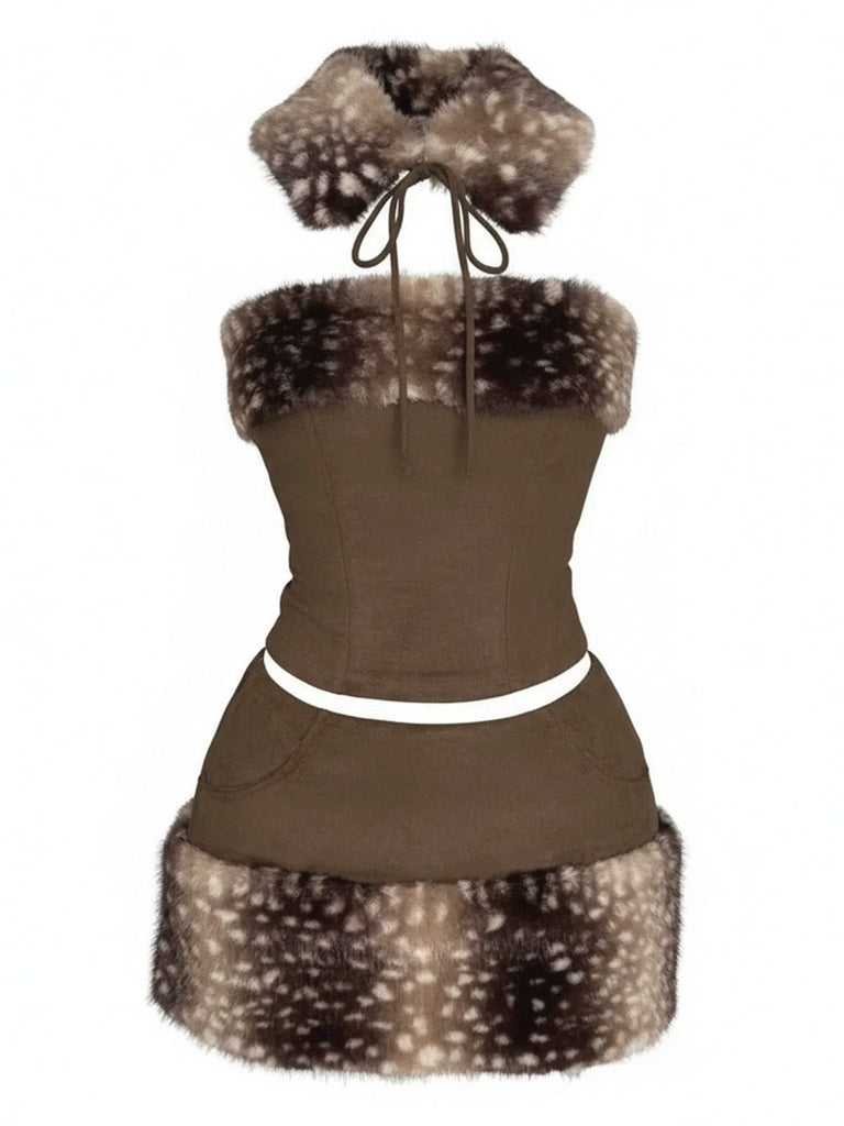 2PCS Brown 1980s Deer Faux Fur-Trimmed Crop Top & Skirt