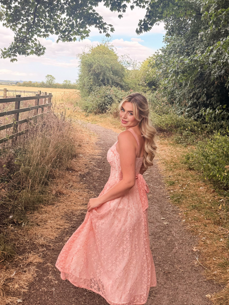 Pink 1940s Lace Sweetheart Neck Spaghetti Strap Corset Dress