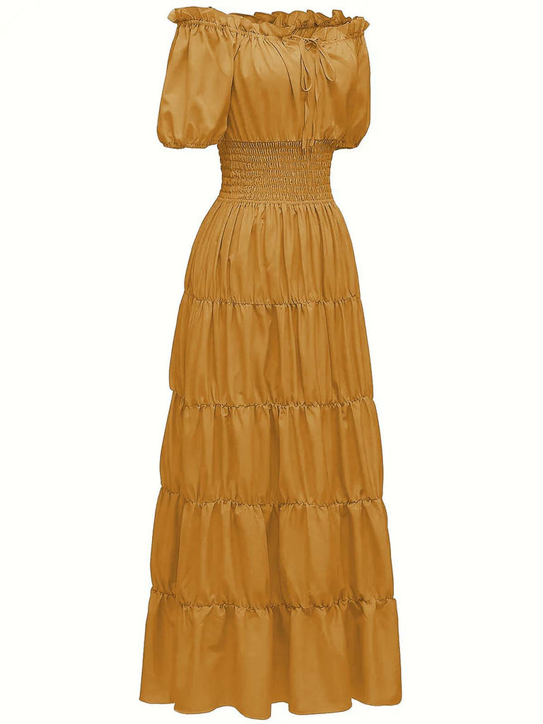 1930s Solid Off-Shoulder Smocked Puff Sleeves Dress