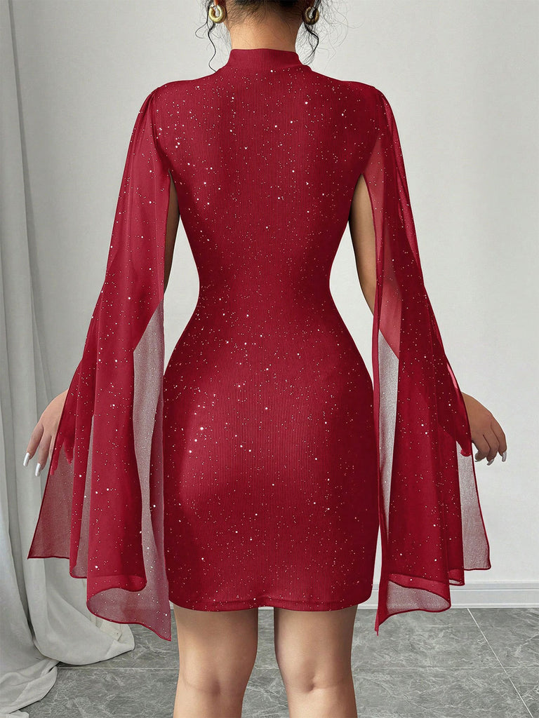 1980s Solid Pearl Chiffon Cape Bodycon Dress
