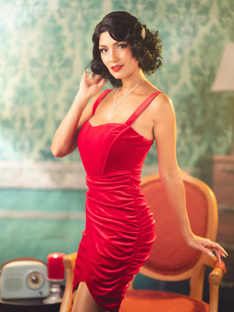 Red 1980s Velvet Corset Ruched Sweetheart Mini Dress